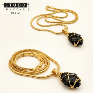 Clean multi-angle catalog collage of the obsidian pendant necklace