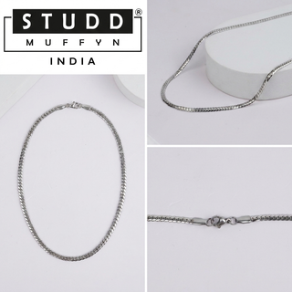 Multi-angle catalog collage of the silver flat curb chain