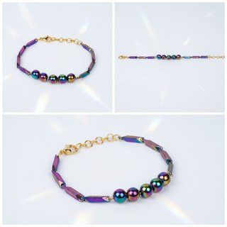 Multi-angle catalog collage of the Prism Hematite Rice Chain Bracelet