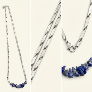 Multi-angle catalog collage of the Lapis Lazuli crystal rice chain pendant necklace