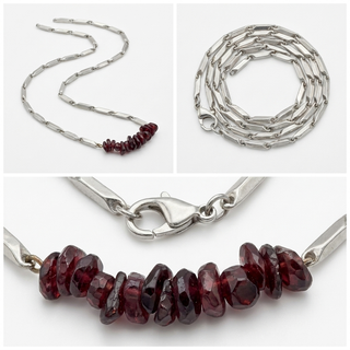 Multi-angle catalog collage of the Garnet rice chain necklace