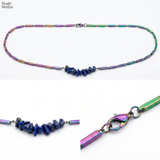 Clean multi-angle catalog collage of the Lapis Lazuli rice chain necklace