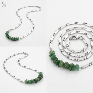 Multi-angle catalog collage of the Green Aventurine crystal rice chain necklace