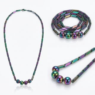 Multi-angle catalog collage of the Prism Hematite Rice Chain Necklace