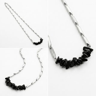 Clean multi-angle catalog collage of the Obsidian rice chain pendant