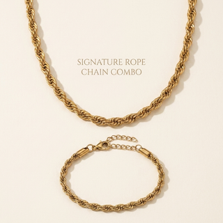 Gold-toned Signature Rope Chain Combo — twisted rope necklace with matching rope bracelet on a soft cream backdrop