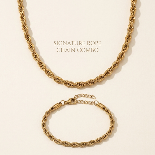 Gold-toned Signature Rope Chain Combo — twisted rope necklace with matching rope bracelet on a soft cream backdrop