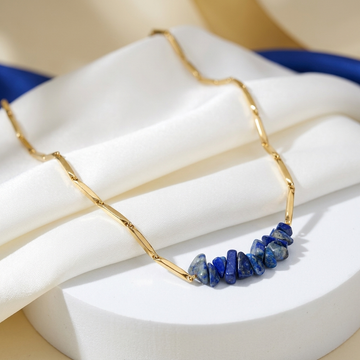 Lapis Lazuli Crystal Gold Toned Rice Chain Pendant Necklace