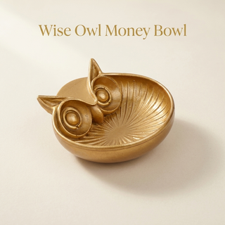 Wise Owl Money Bowl in golden resin, hero shot on a soft neutral surface