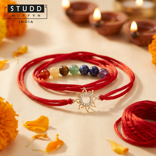 Sunshine 7 Chakra Rakhi with seven colourful beads and golden sun charm on a red thread