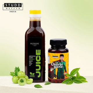 Charbi Gone capsules bottle and Arogya Lean Juice combo on a bright premium set