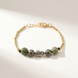 Richie Sutra gold-toned rice chain bracelet with green jade, pyrite beads and silver elephant charm