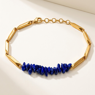 Lapis Lazuli crystal rice chain bracelet with royal-blue stones on a golden bar chain