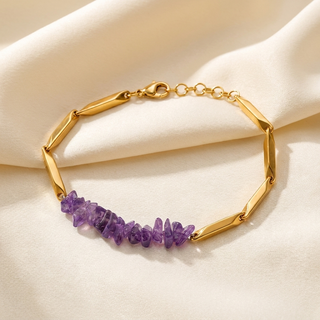 Amethyst crystal rice chain bracelet in gold with natural violet stones