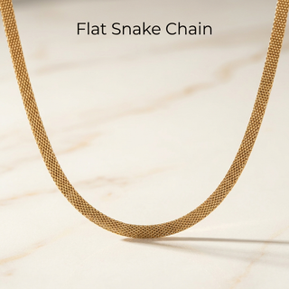 Flat snake chain gold-tone mesh necklace draped in a smooth U-curve
