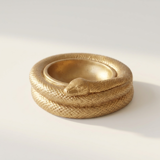 Golden serpent money bowl with coiled snake design on a clean premium surface