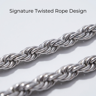 Macro close-up of the twisted rope links of the silver chain