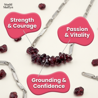 Garnet crystal chips in macro with three benefit callouts