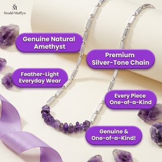 Amethyst necklace with USP callout chips highlighting genuine crystal and silver-tone chain