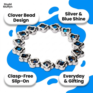 Silver and blue clover bracelet with benefit callout chips