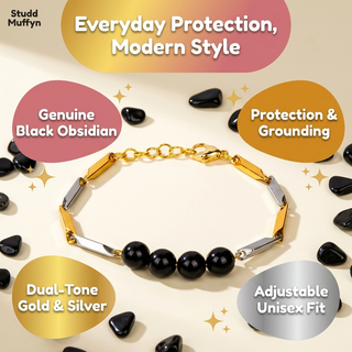 Black Obsidian bracelet with USP callout chips for genuine stone, protection, dual-tone design and adjustable unisex fit