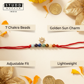 Sunshine 7 Chakra Rakhi with USP callouts around it