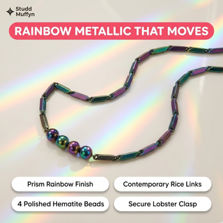 Prism Hematite Rice Chain Necklace with benefit callout chips
