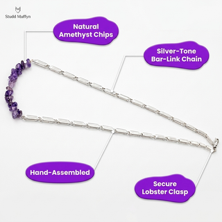 Anatomy breakdown of the amethyst necklace showing crystal chips, chain and clasp