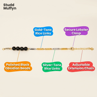 Anatomy diagram of the Black Obsidian bracelet labelling beads, gold and silver rice links, clasp and extension chain