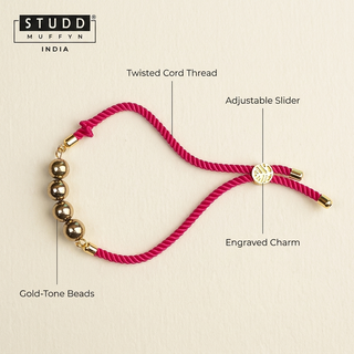 Anatomy breakdown of the Grounded Grace Rakhi with leader lines to beads, cord, slider and charm