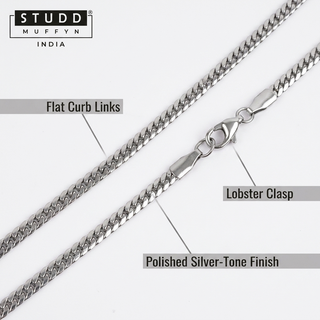 Anatomy breakdown of the silver flat curb chain with leader lines