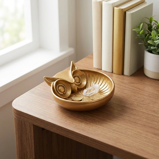 Golden owl money bowl styled on a work desk holding coins and a small crystal