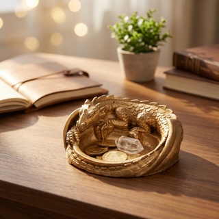 Dragon money bowl styled on a wooden work desk holding coins and crystals