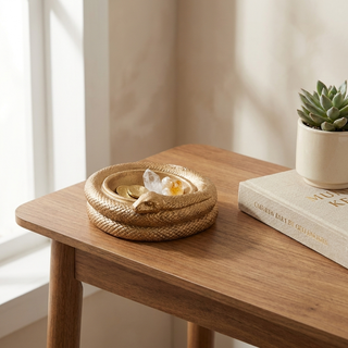Serpent money bowl styled on a console table holding coins and crystals