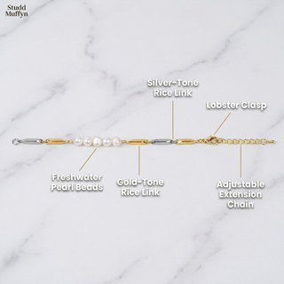 Anatomy breakdown of the pearl bracelet labelling pearls, gold rice link, silver rice link, lobster clasp and extension chain