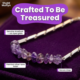 Macro of amethyst chips and silver-tone chain proving quality and finish