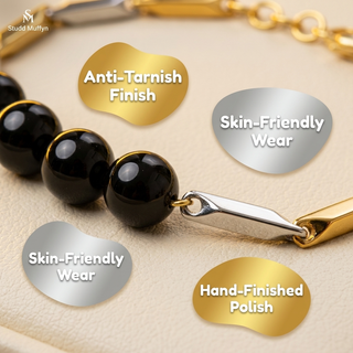 Macro craftsmanship shot of the Black Obsidian bracelet with quality claims about finish and skin-friendly wear