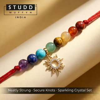 Craftsmanship close-up of the Sunshine 7 Chakra Rakhi sun charm and beads