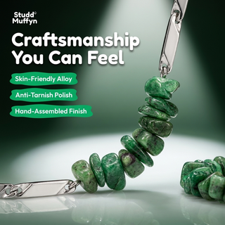 Macro quality proof of the silver-tone rice links and aventurine chips