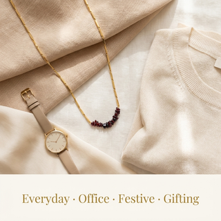 Necklace styled with a neutral outfit, shown layered for an everyday confident look