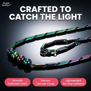 Macro craftsmanship close-up of the Prism Hematite Rice Chain finish with quality claims