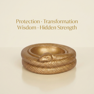 Serpent money bowl with text describing its symbolism of protection and prosperity