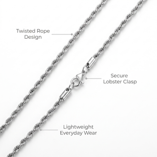 Infographic highlighting the rope chain design and secure lobster clasp