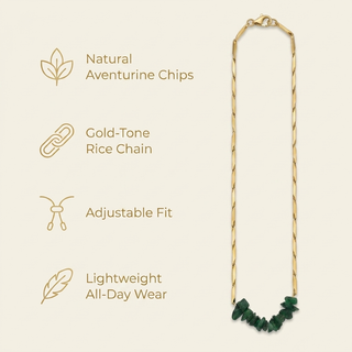 Infographic listing the key benefits of the Green Aventurine gold rice chain bracelet