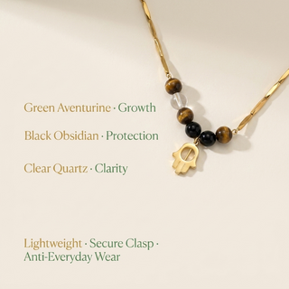 Infographic of the necklace with labelled crystal meanings and key features