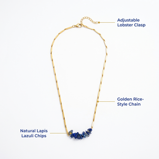 Infographic highlighting the natural stone, golden chain and adjustable clasp of the necklace
