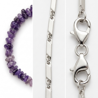 Sharp macro crops of the amethyst chips, chain links and clasp