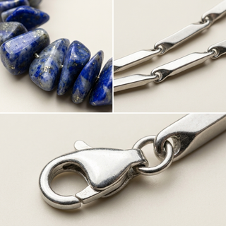 Sharp macro crops of the Lapis Lazuli stones, chain links and clasp