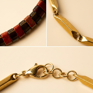 Sharp macro detail crops of the Garnet beads, rice links and clasp