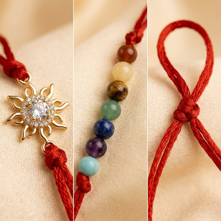 Macro detail crops of the chakra beads and golden sun charm